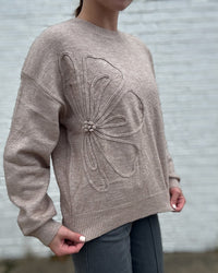 Khaki-Ladies Solid Color Rib Knit Floral Top