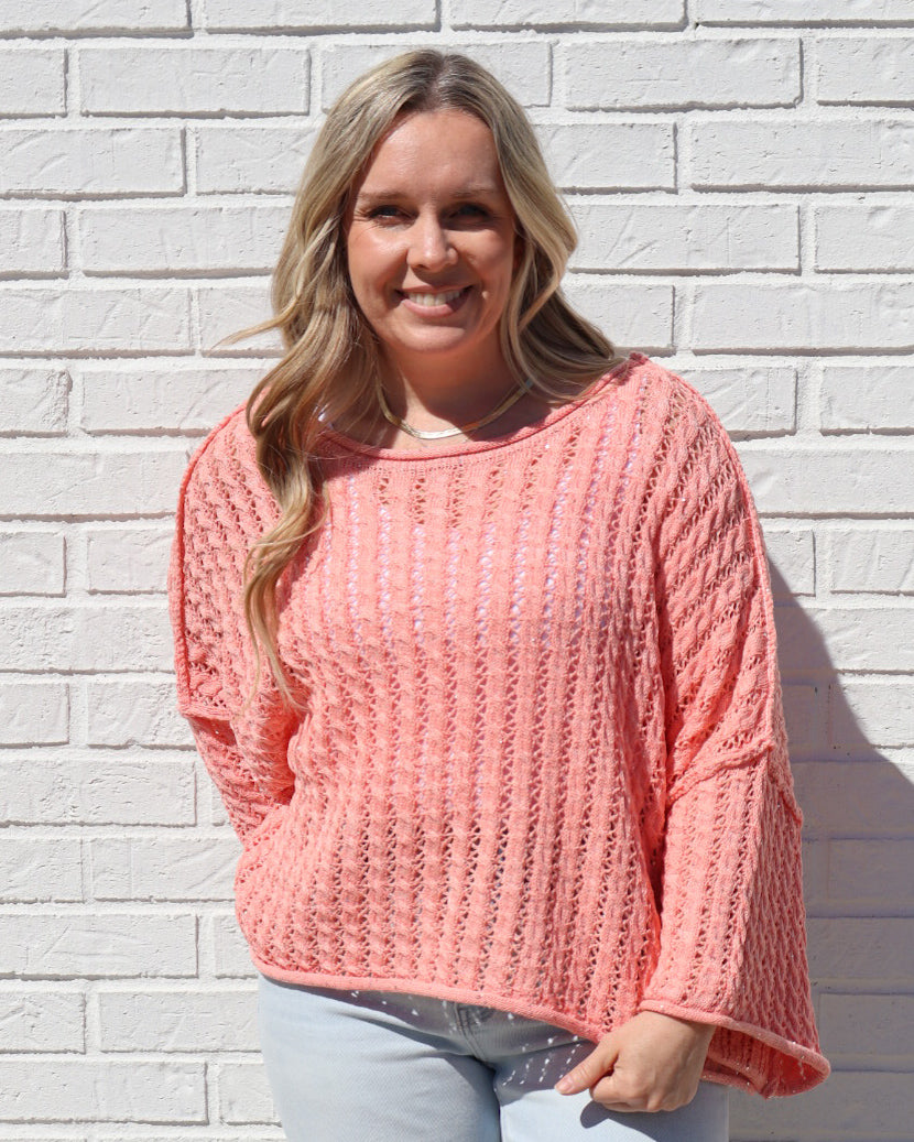 3/4 Sleeve Cropped Sweater-Coral Orange