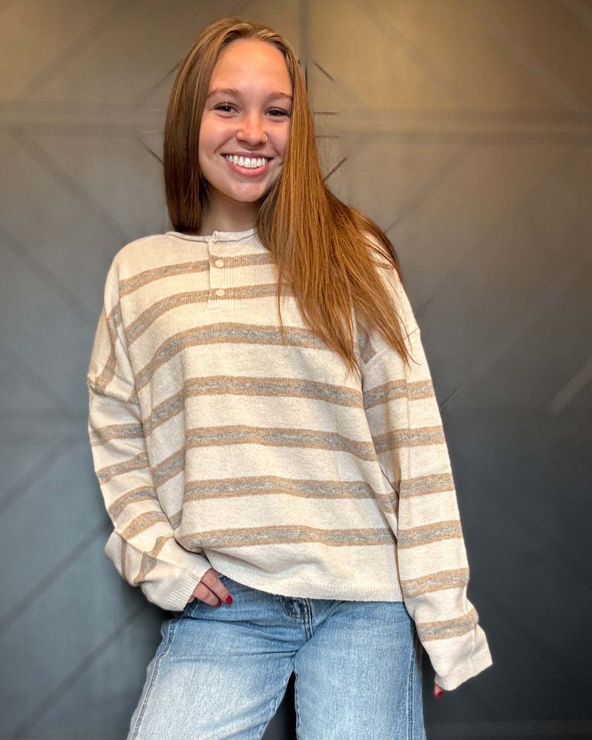 Cozy Stripe Button Knit Sweater-Oatmeal