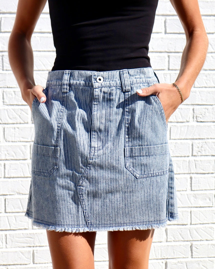 Mineral Washed Denim Striped Mini Skirt