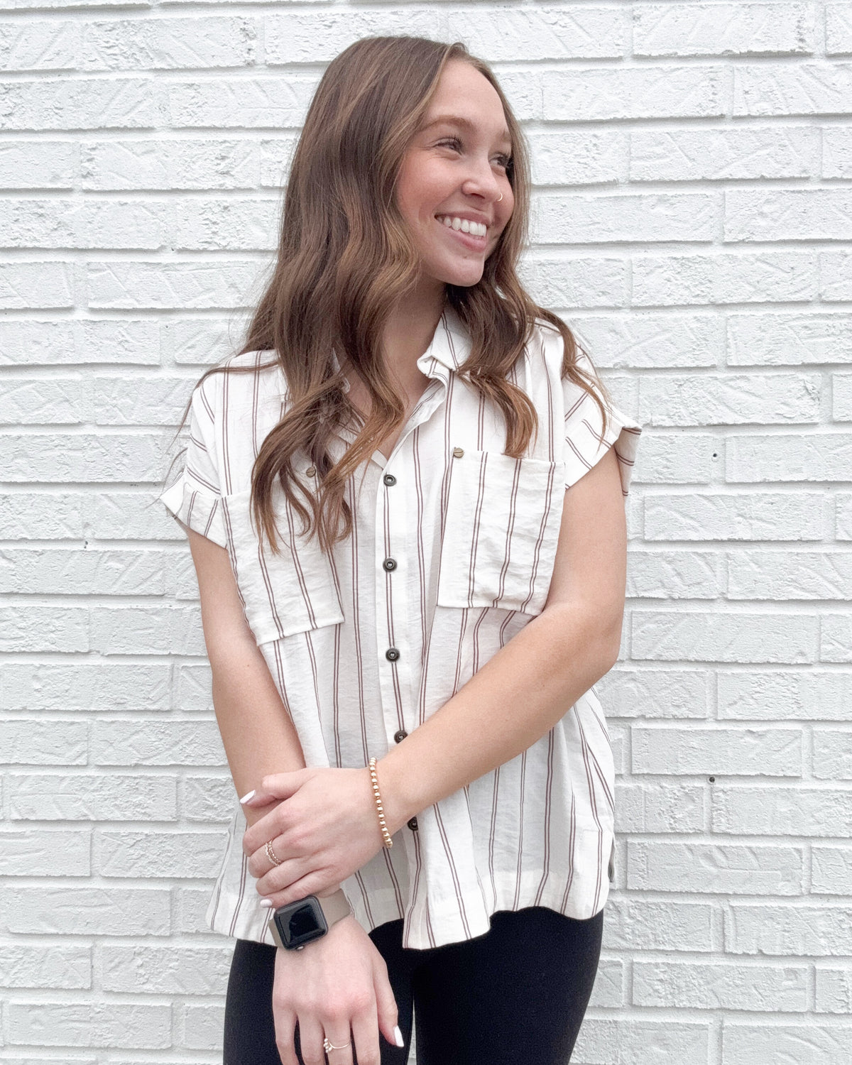 Neutral Collared Snap Button Down Short Sleeve Shirt