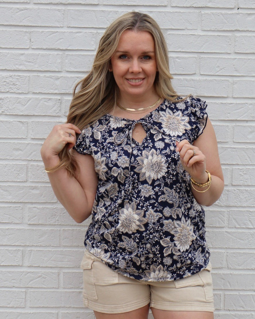 Floral Tie Keyhole Ruffle Tank-Navy/Taupe/Ivory