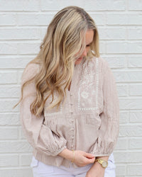 Embroidery Peasant Blouse-Mocha