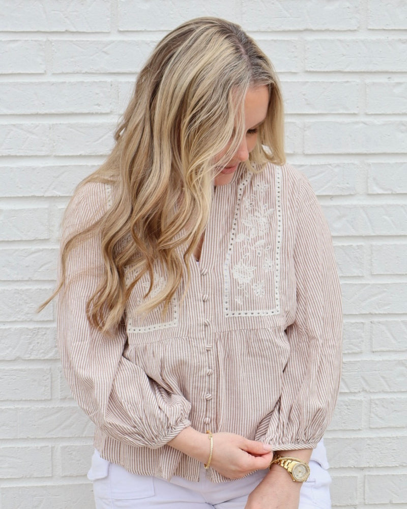Embroidery Peasant Blouse-Mocha