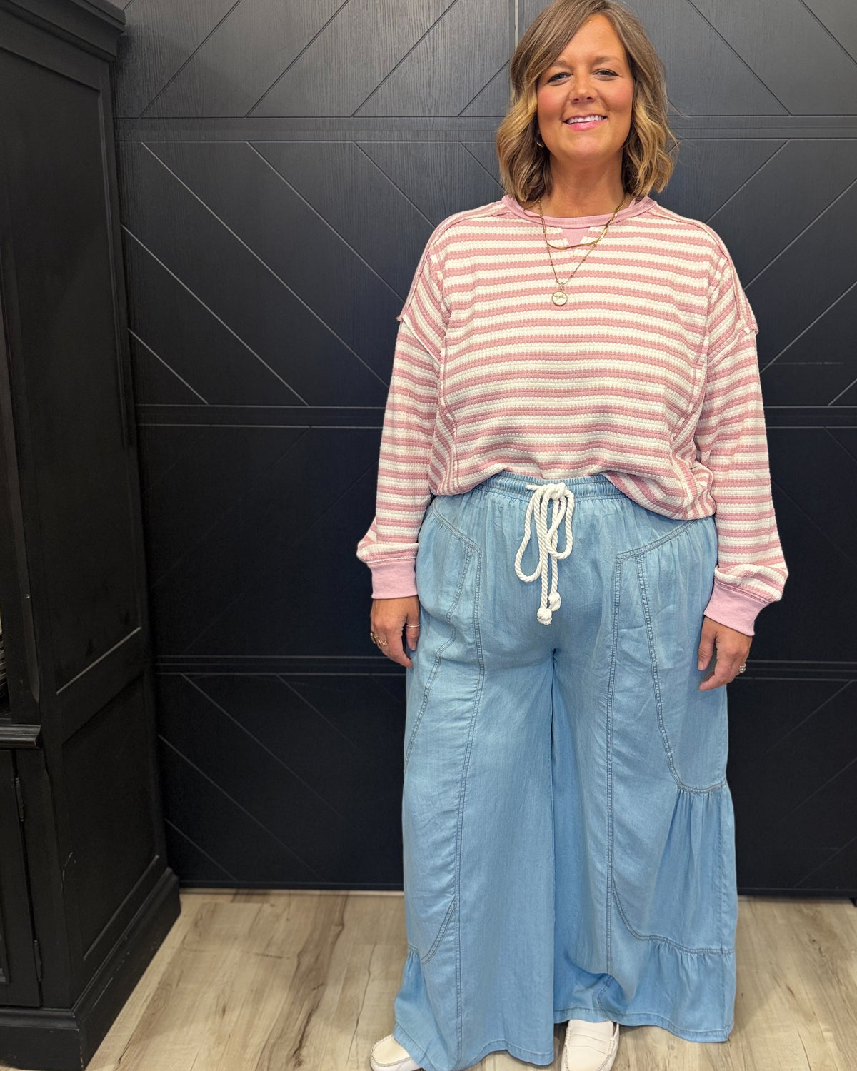 Washed Chambray Denim Wide Palazzo Pants
