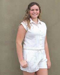 Striped Sleeveless Button-Up Shirt- Taupe
