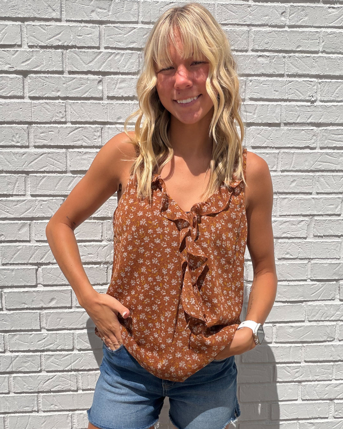 Almond Floral Print Chiffon Ruffle Tank Top