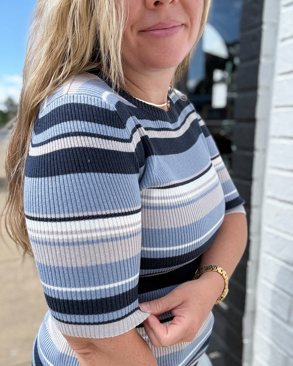 Blue Multi Stripe Ribbed Knit Basic Top