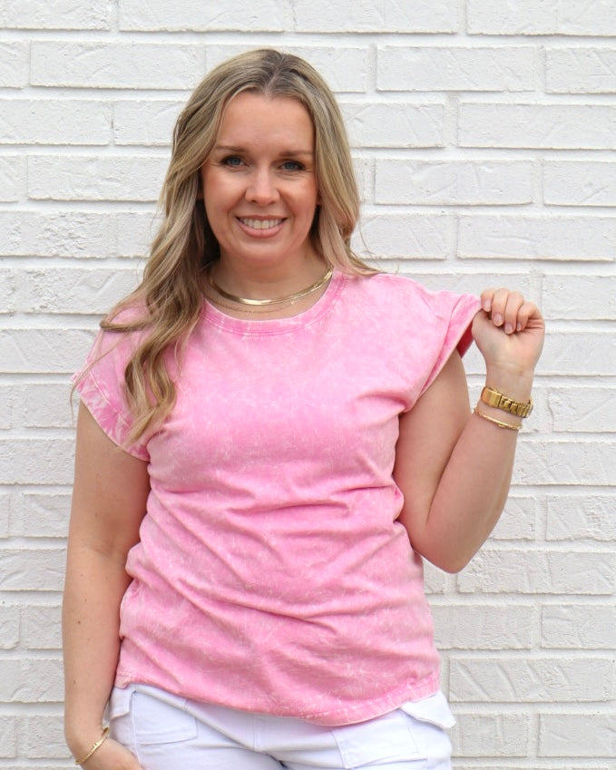 Plus Crinkle Washed Round Neck Tee- Candy Pink