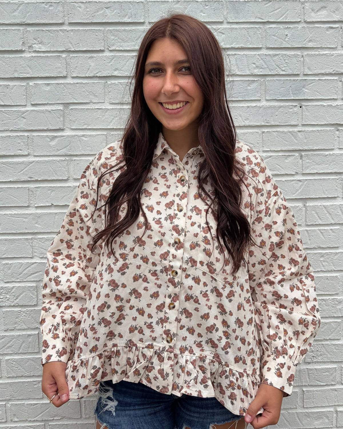 Collared Floral Babydoll Shirt-Oatmeal