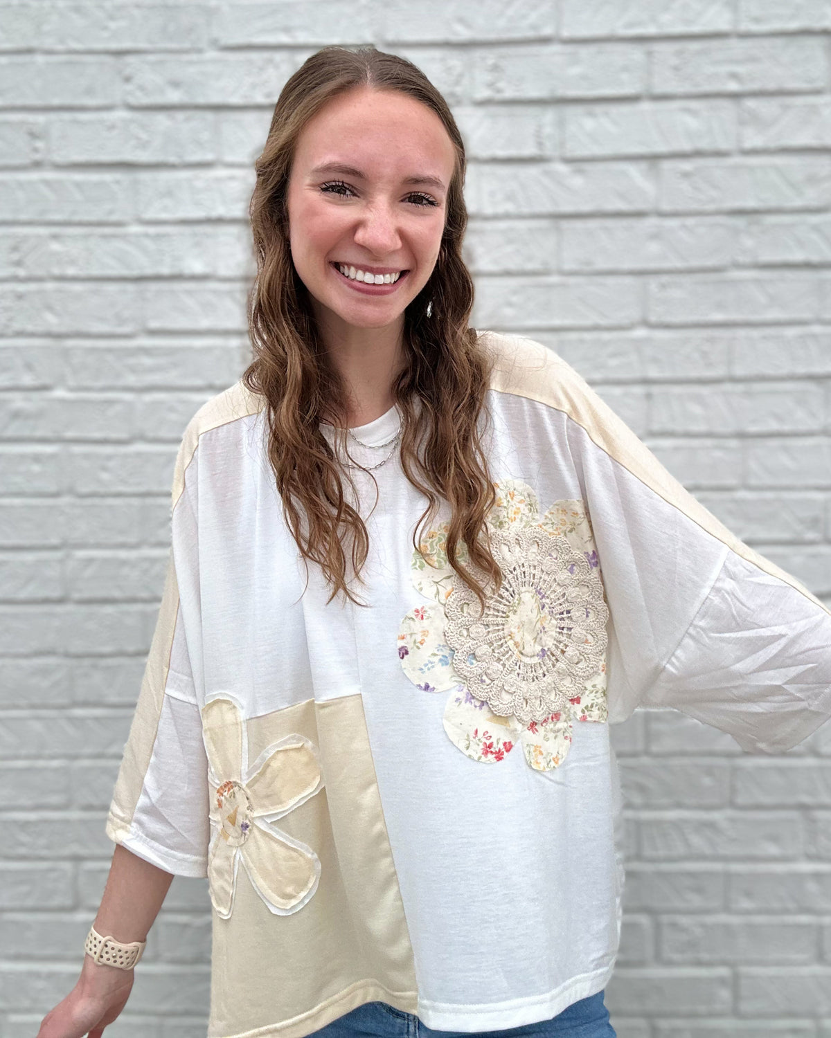 Embroidered Chest Patch Knit Top with Floral-Cream