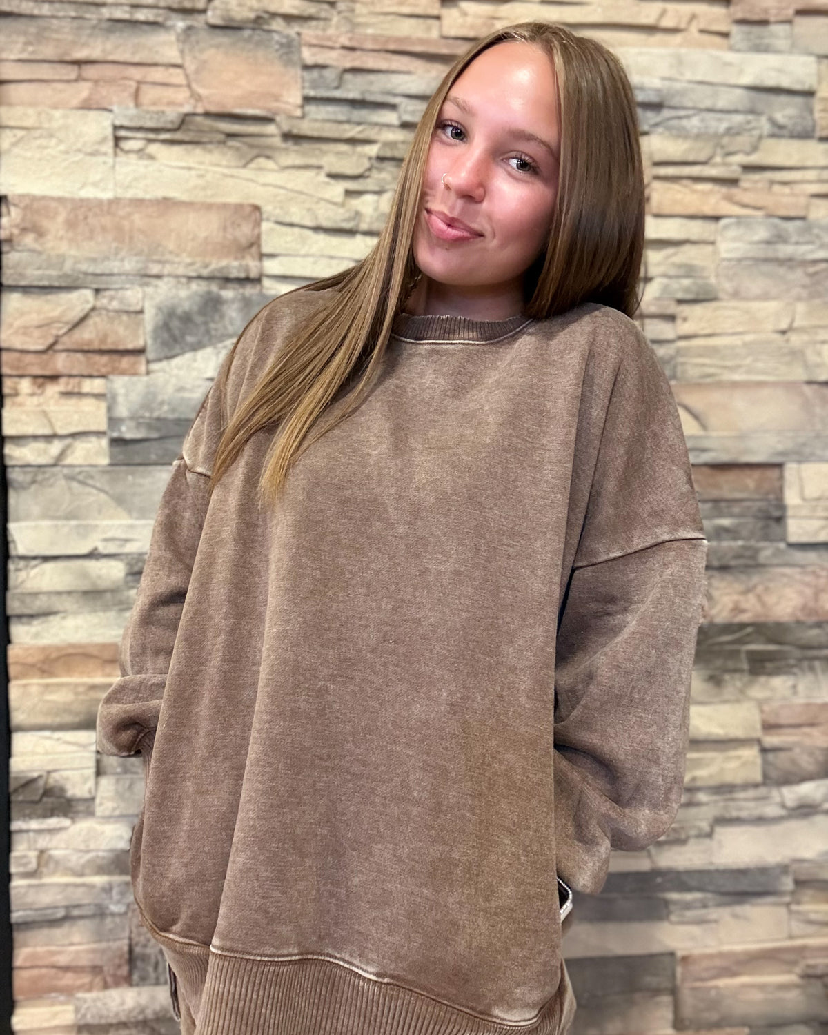 Mocha Acid Wash Fleece Hi Low Hem Pullover
