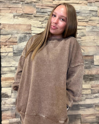 Mocha Acid Wash Fleece Hi Low Hem Pullover