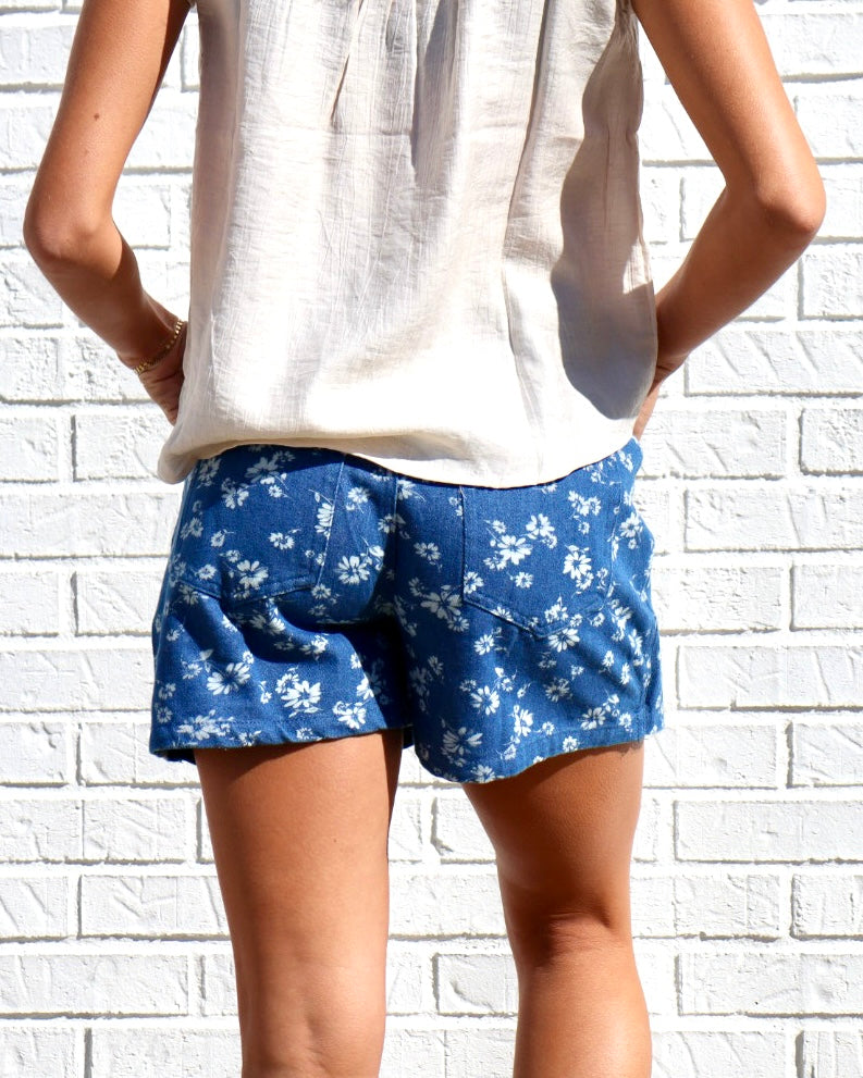 Floral Garment Washed Skort - Light Blue