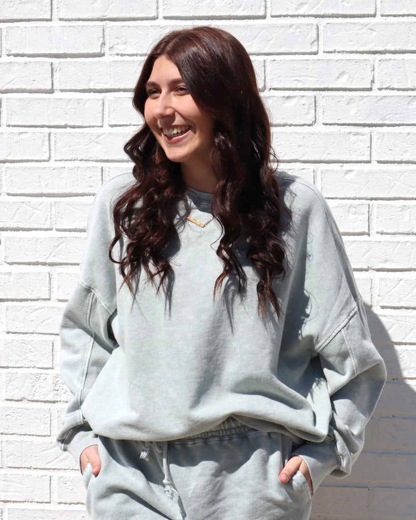 Acid Washed Over Size Sweatshirt - Sage Green