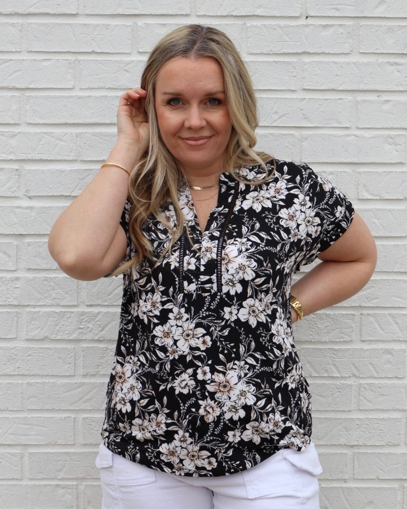 Floral Print Ity Lattice Placket Dolman-Black/Ivory/Taupe