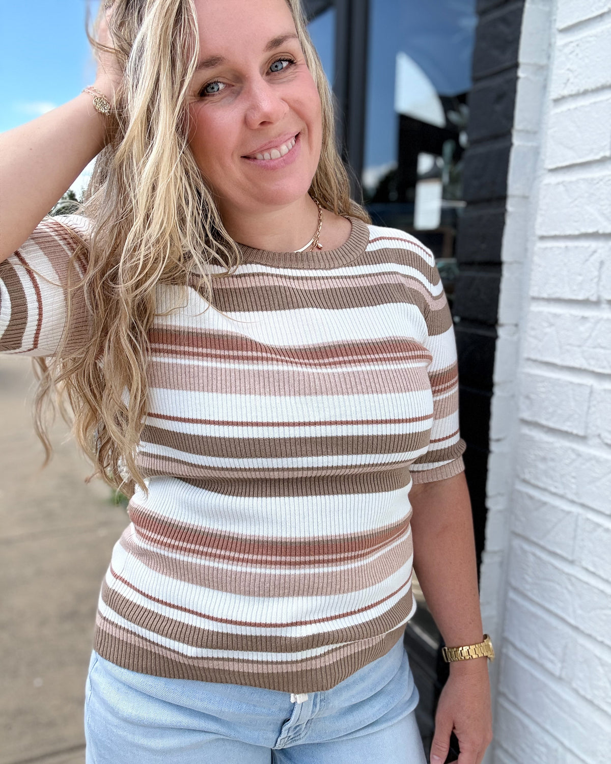 Taupe Multi Stripe Ribbed Knit Basic Top