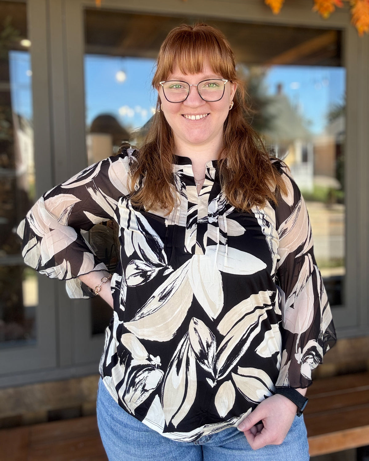 Floral Pintuck Angel Blouse-Black/Tan/Cream