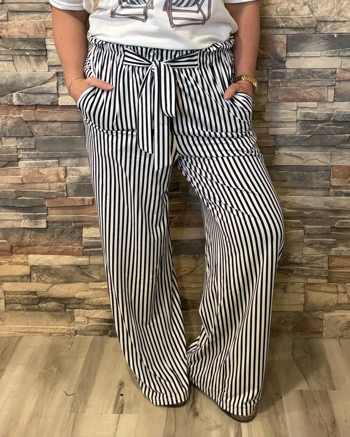 Black Stripe Tied High Waist Loose Straight Casual Pants