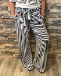 Black Stripe Tied High Waist Loose Straight Casual Pants
