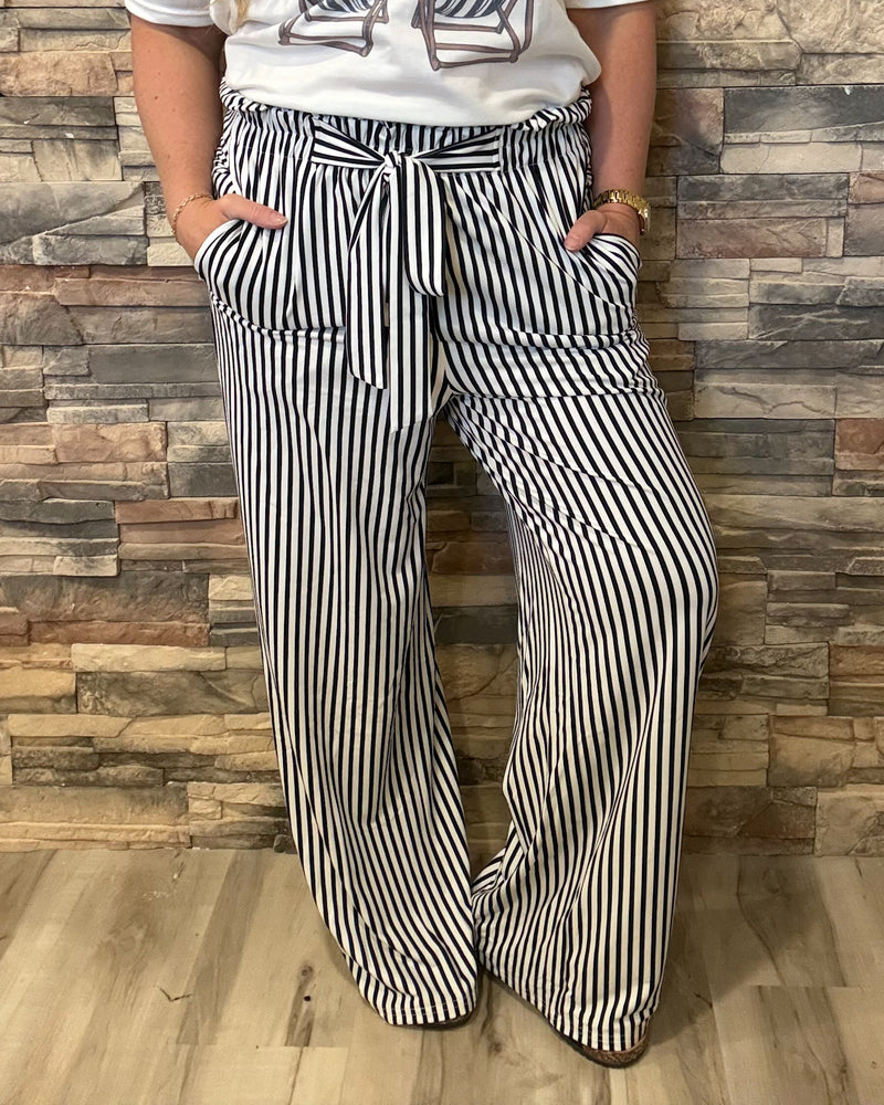 Black Stripe Tied High Waist Loose Straight Casual Pants