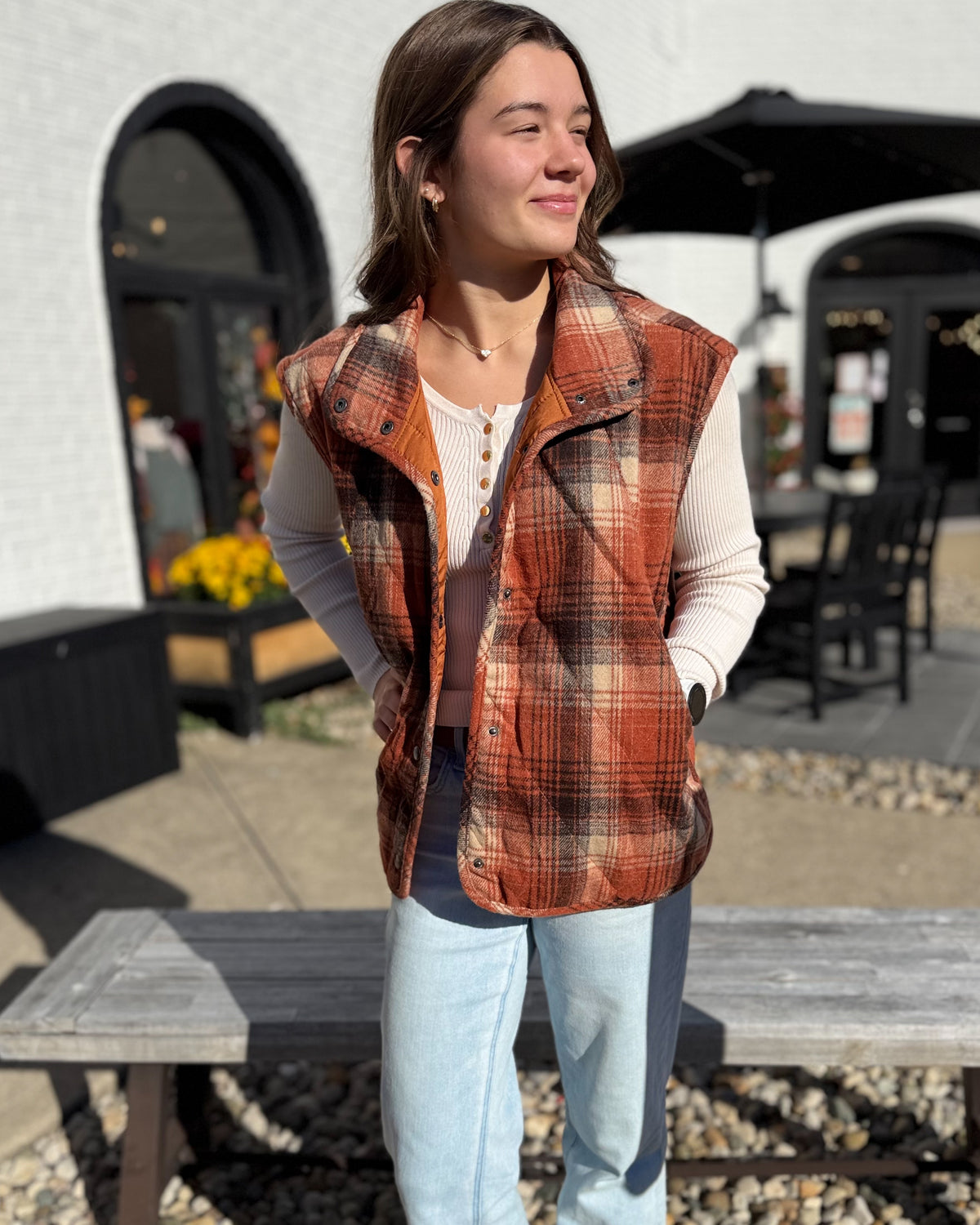 Plaid Quilted Snap Button Puffer Vest-Rust