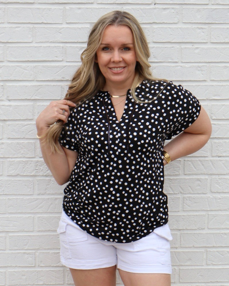 Dot Ity Lattice Placket Dolman-Black/Ivory