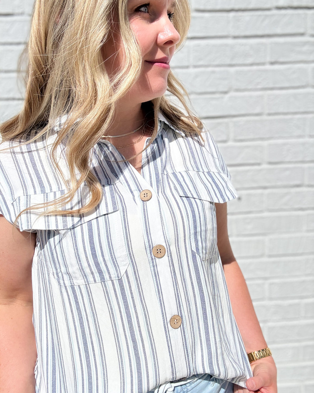 Navy Stripe Short Sleeve Pocket Tab Detail Shirt