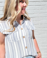 Navy Stripe Short Sleeve Pocket Tab Detail Shirt