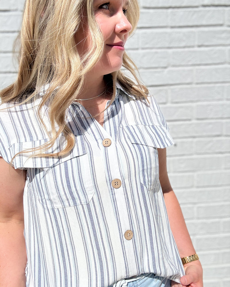 Navy Stripe Short Sleeve Pocket Tab Detail Shirt