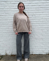 Khaki-Ladies Solid Color Rib Knit Floral Top