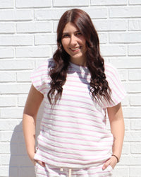 Striped Round Neck Short Sleeve Top- Pink