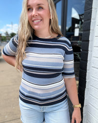 Blue Multi Stripe Ribbed Knit Basic Top