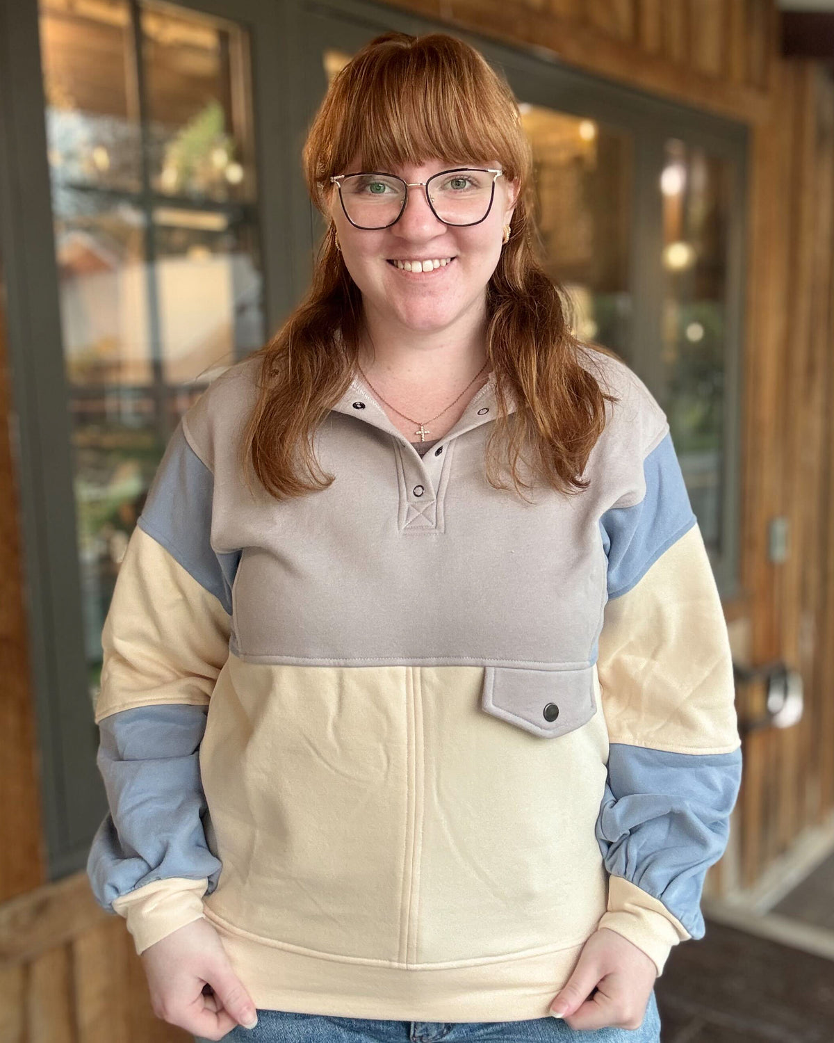 Colorblock Half Snap Sweatshirt-Gray