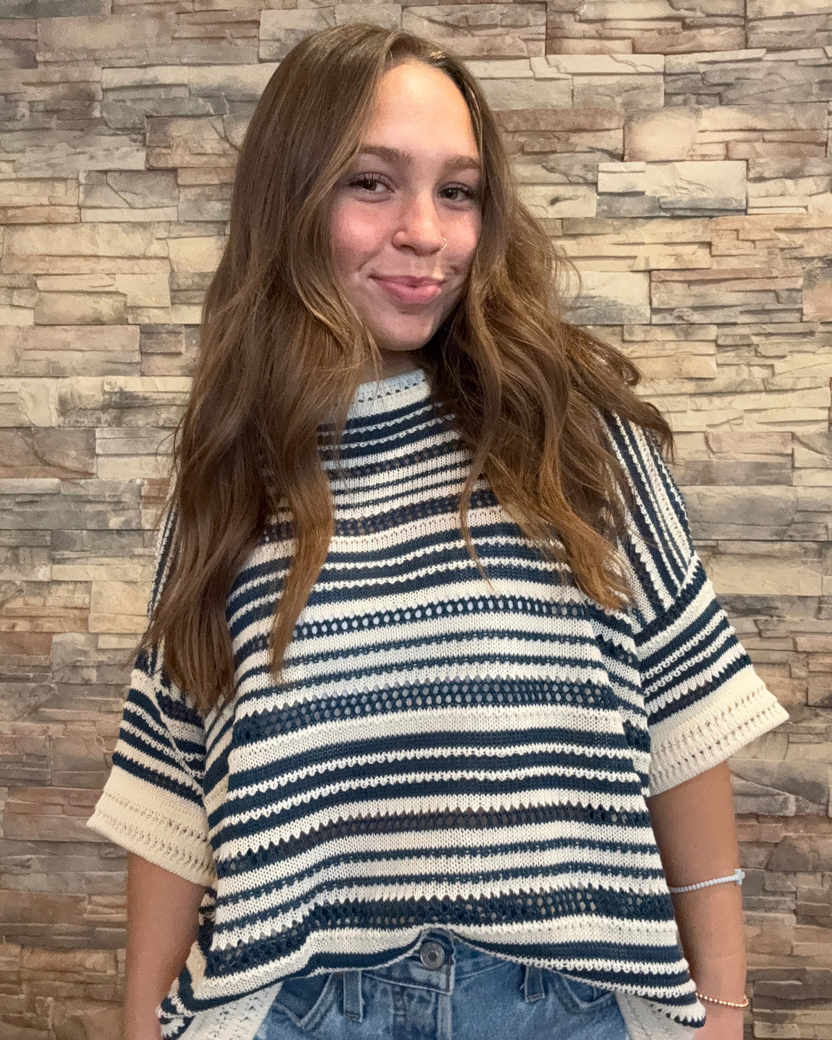Short Sleeve Striped Knit Top-Multi Blue
