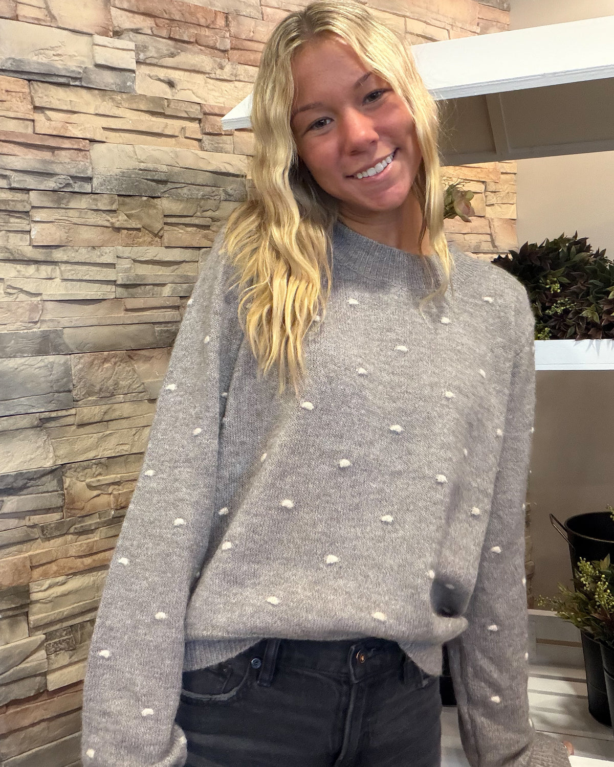 Cozy Dotted Knit Crewneck-Smoke