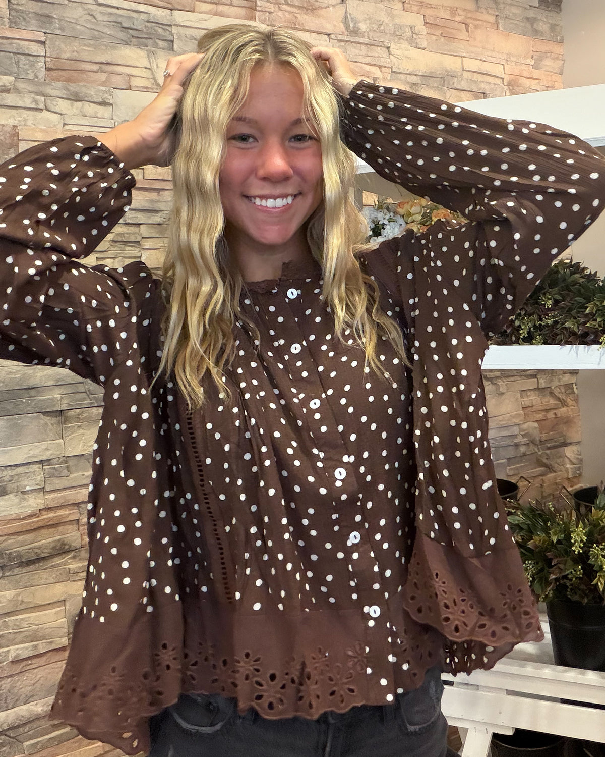 Polka Dot Lace Trim Brown/Ivory Blouse