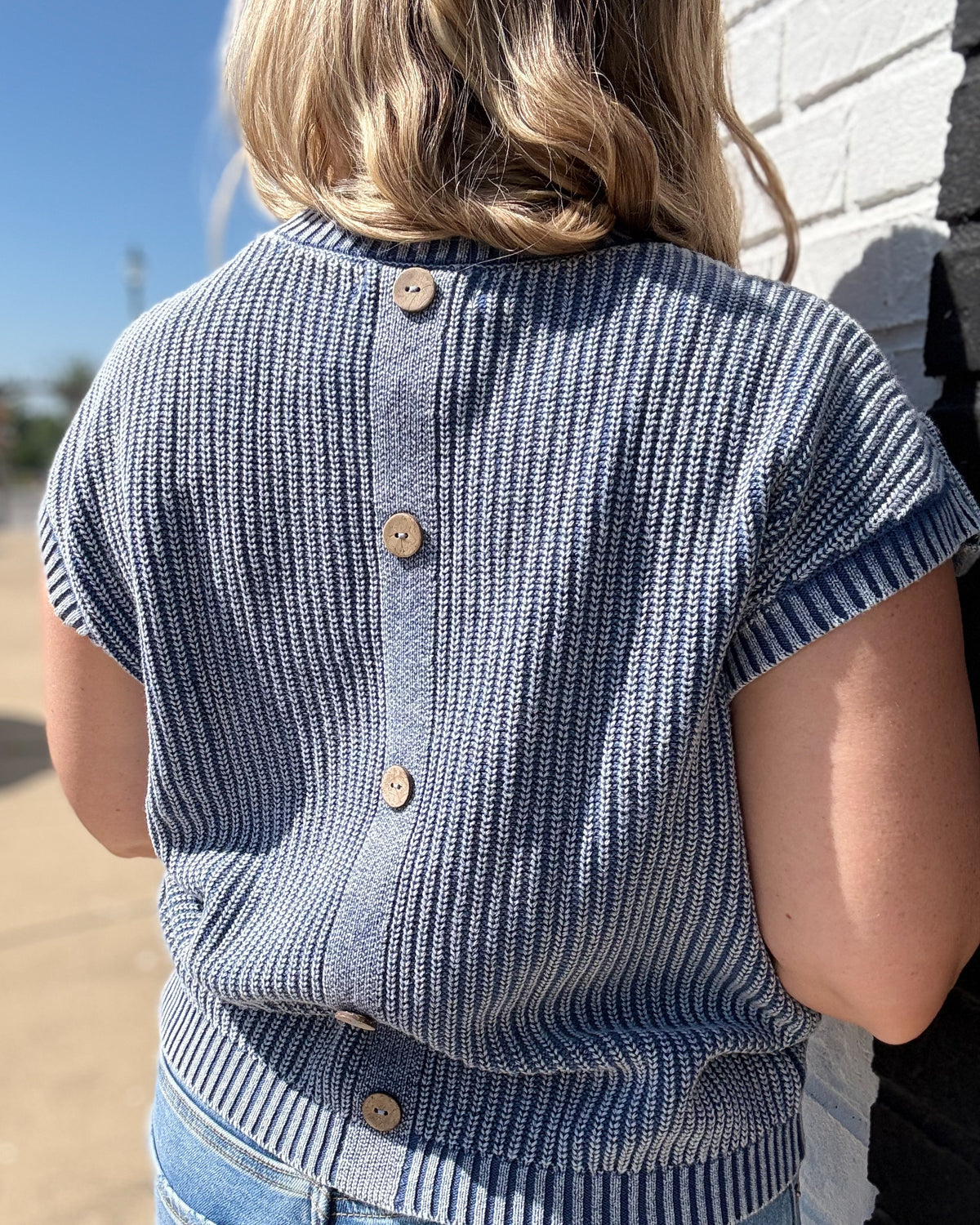 Indigo Acid Washed Tab Sleeve Back Button Knit Top