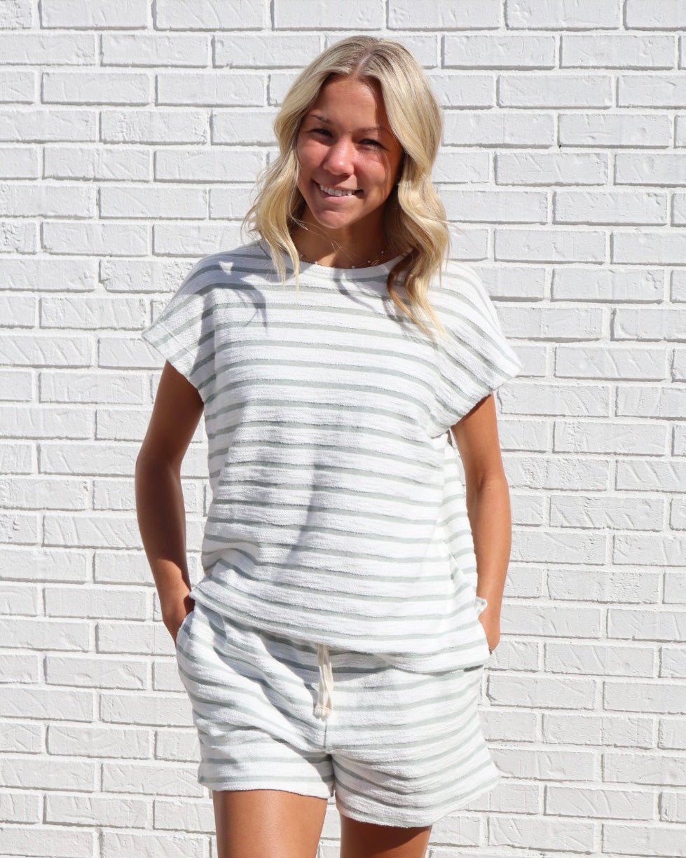 Striped Round Neck Short Sleeve Top- Sage Green