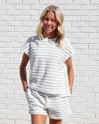 Striped Round Neck Short Sleeve Top- Sage Green