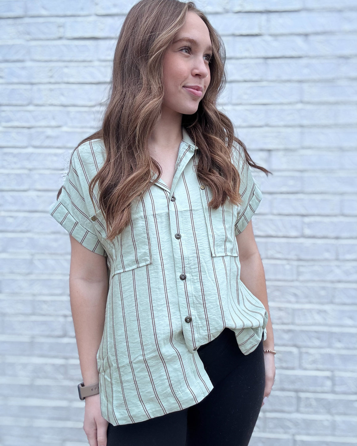 Light Olive Collared Snap Button Down Short Sleeve Shirt