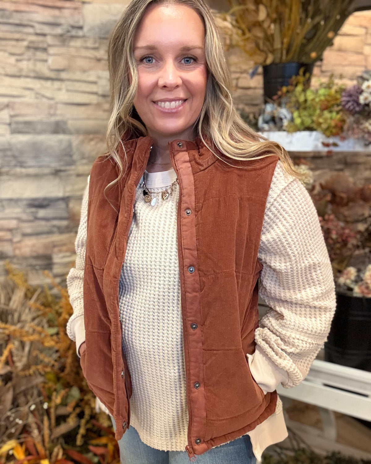 Corduroy Puffer Vest-Sepia
