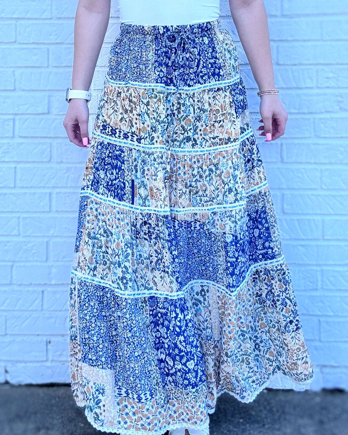Tiered A Line Printed Maxi Skirt-Blue