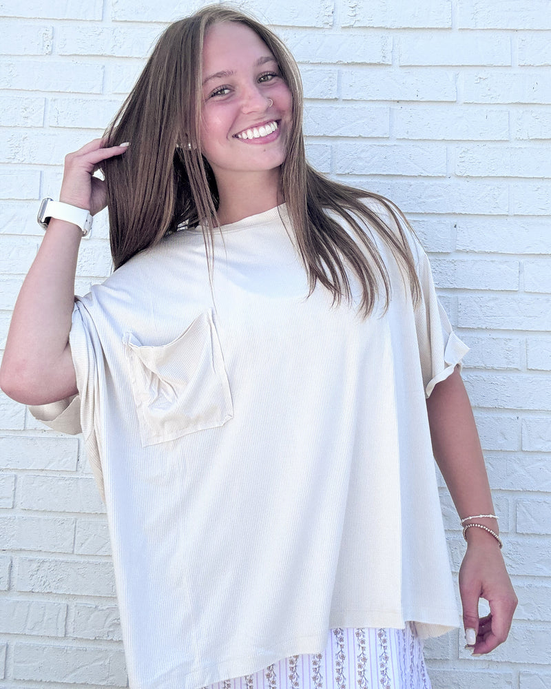 Sand Beige Oversized Ribbed Round Neck Tee
