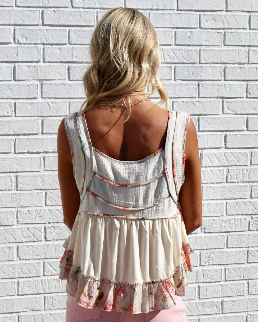 Floral Trim Boho Tank - Natural