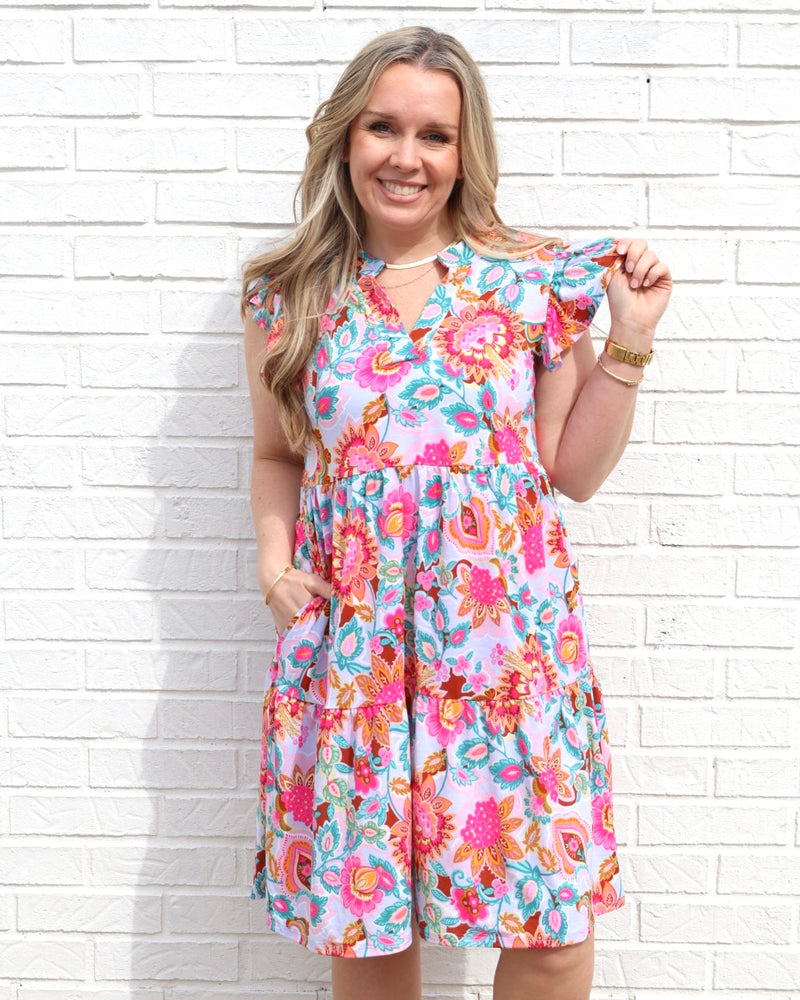 Flutter Sleeve Forever Dress - Blue Multi