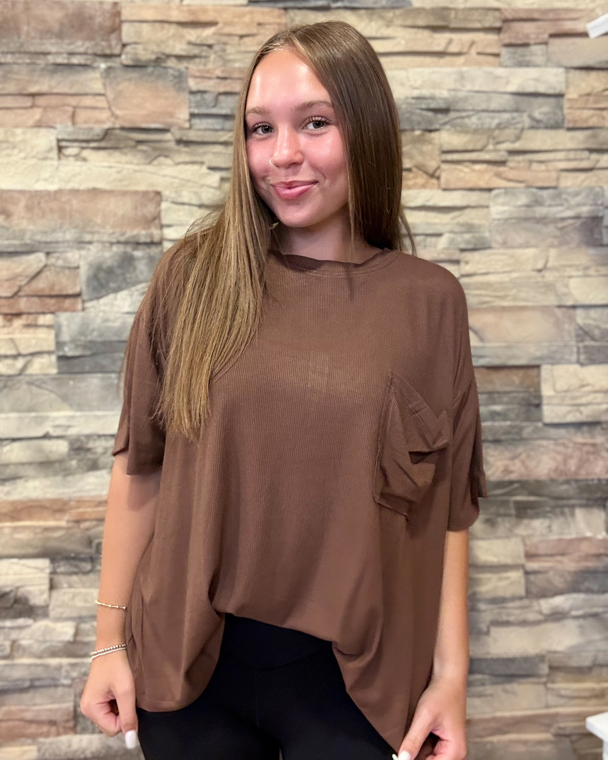Brown Oversized Ribbed Round Neck Tee