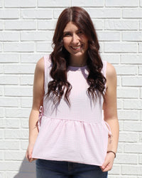 Gingham Peplum Top with Side Ties- Pink