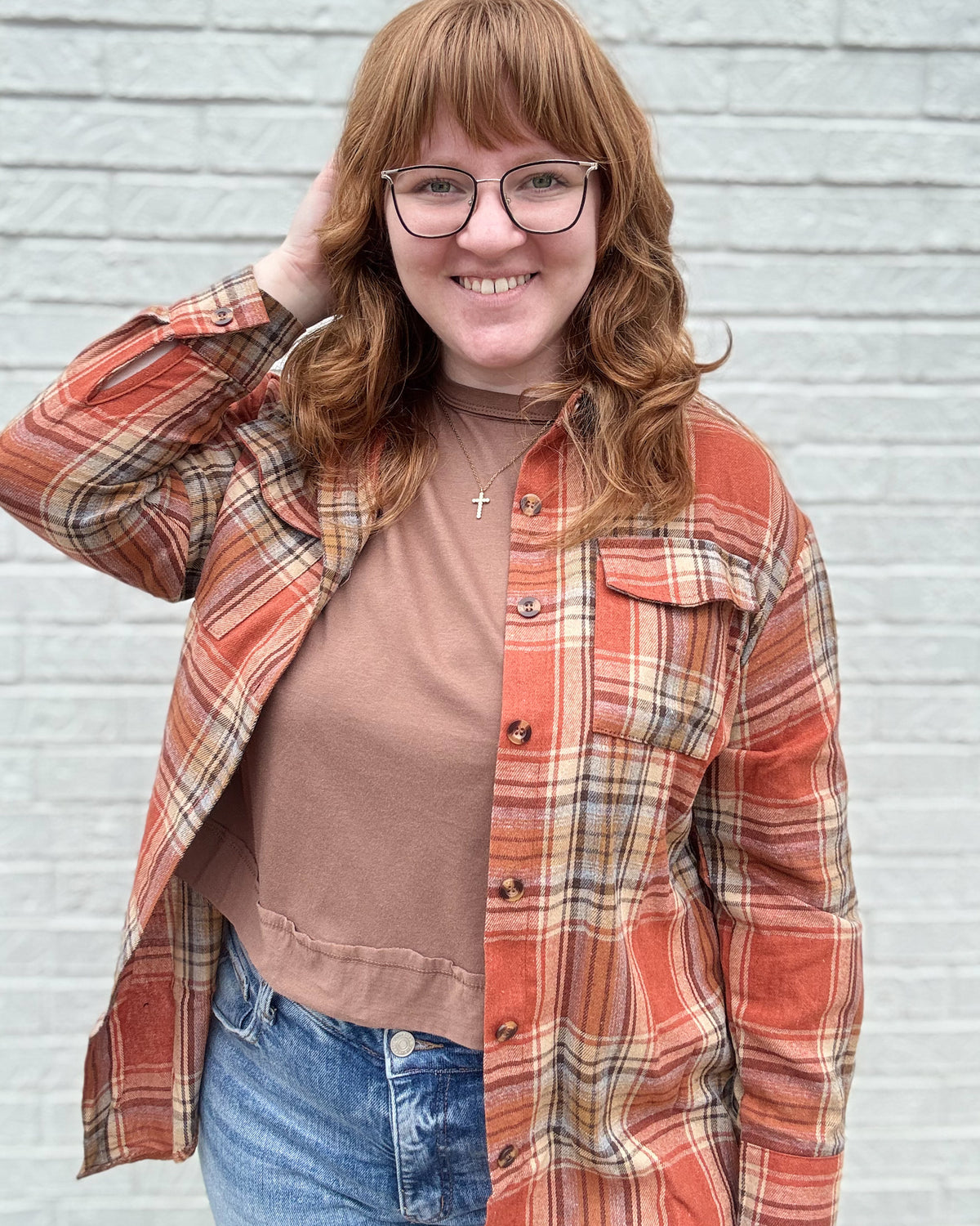 Loose Oversized Plaid Shirt-Caramel