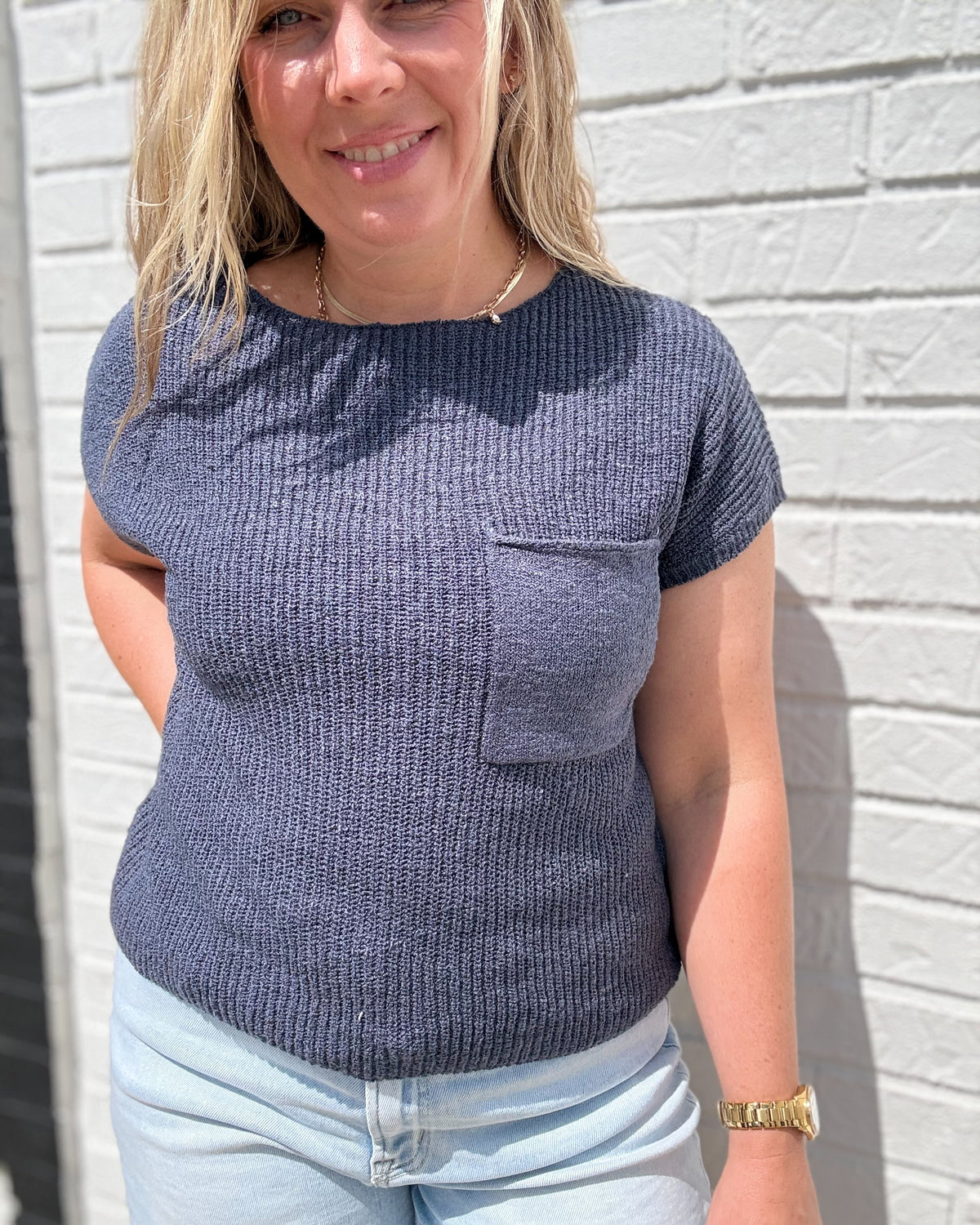 Dark Slate Patch Pocket Dolman Short Sleeve Top
